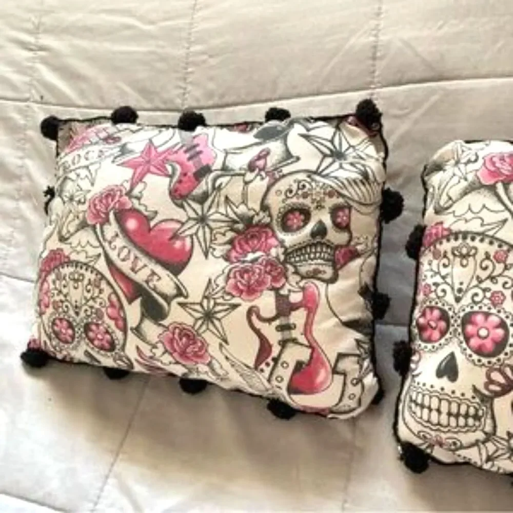 DAY of THE DEAD Rock Guitar Pink Roses Accent Throw Pillow 12 x 8 in Set of 2